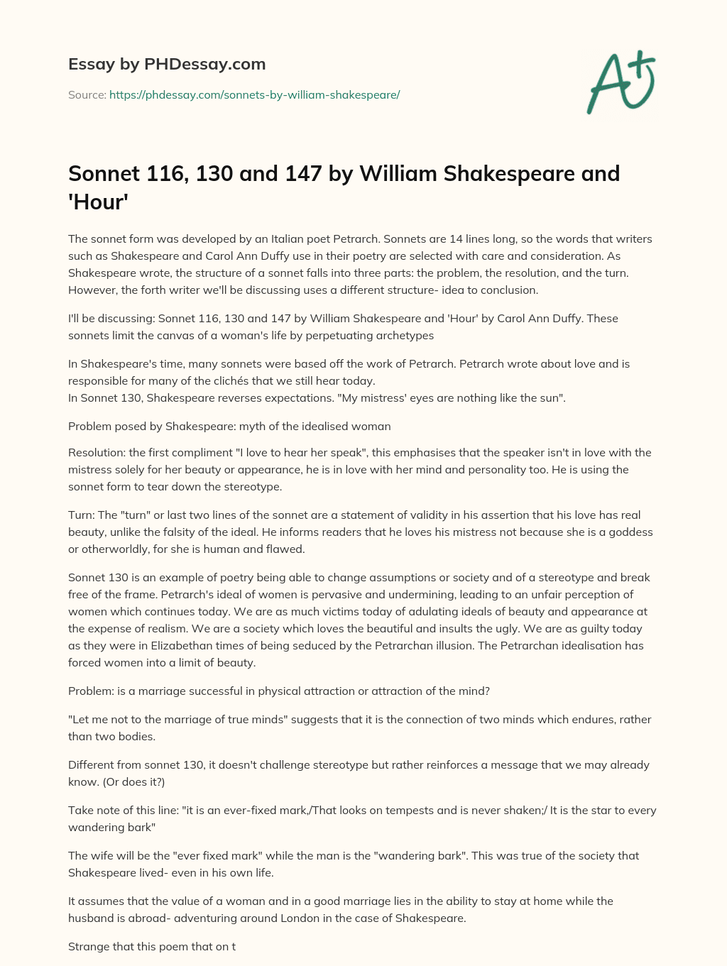 Sonnet 116, 130 and 147 by William Shakespeare and ‘Hour’ essay