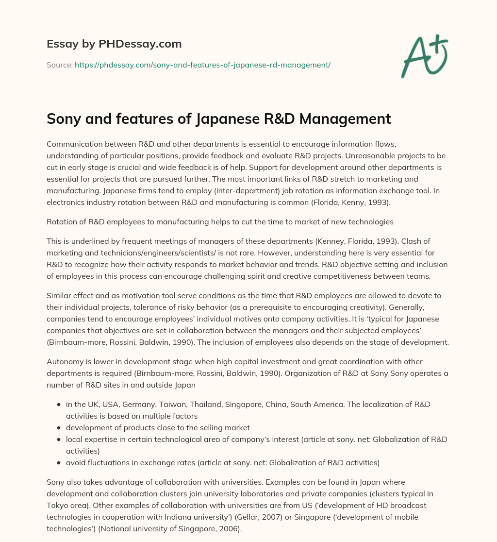 Sony and features of Japanese R&D Management essay