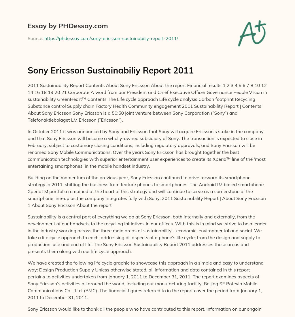 Sony Ericsson Sustainabiliy Report 2011 essay