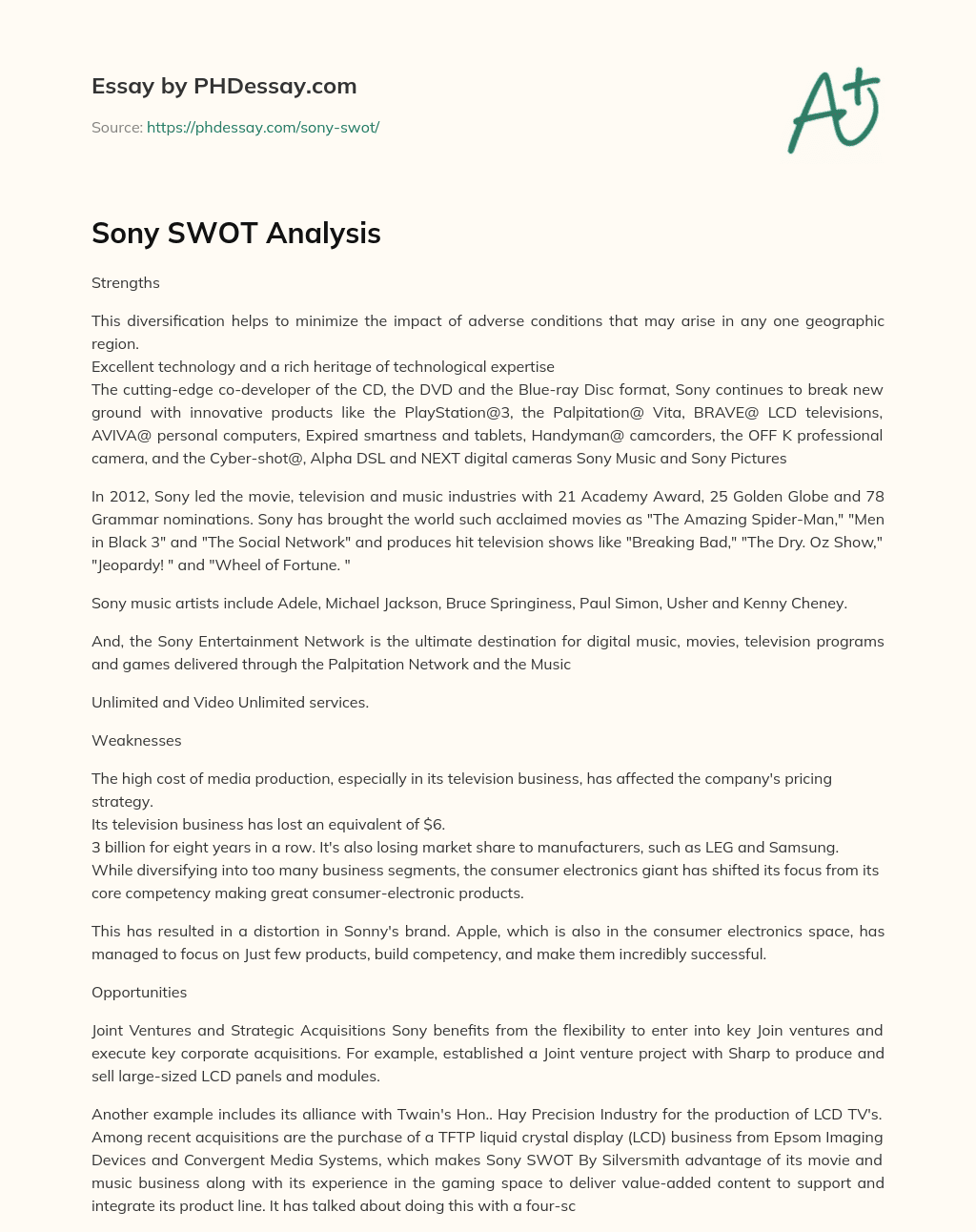 Sony SWOT Analysis essay