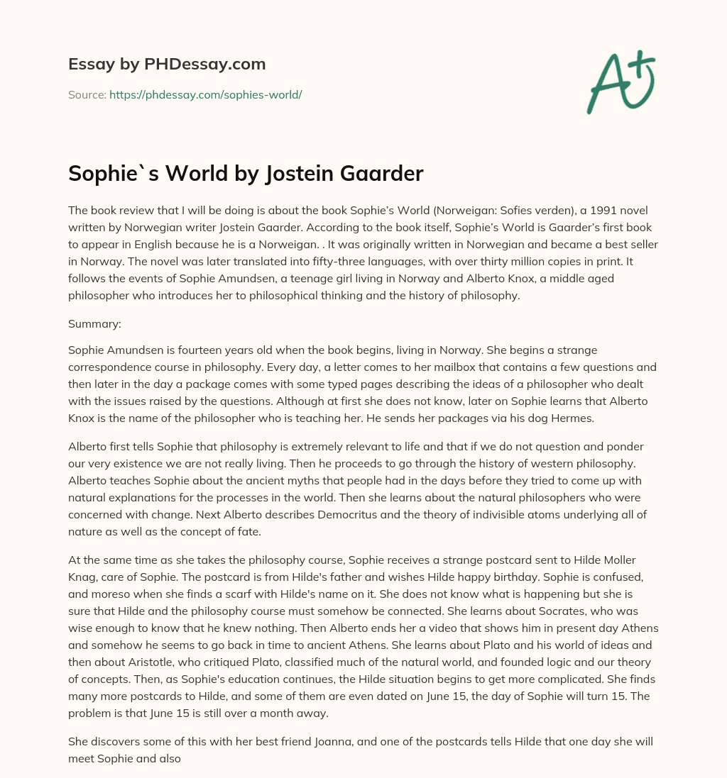 Sophie`s World by Jostein Gaarder essay
