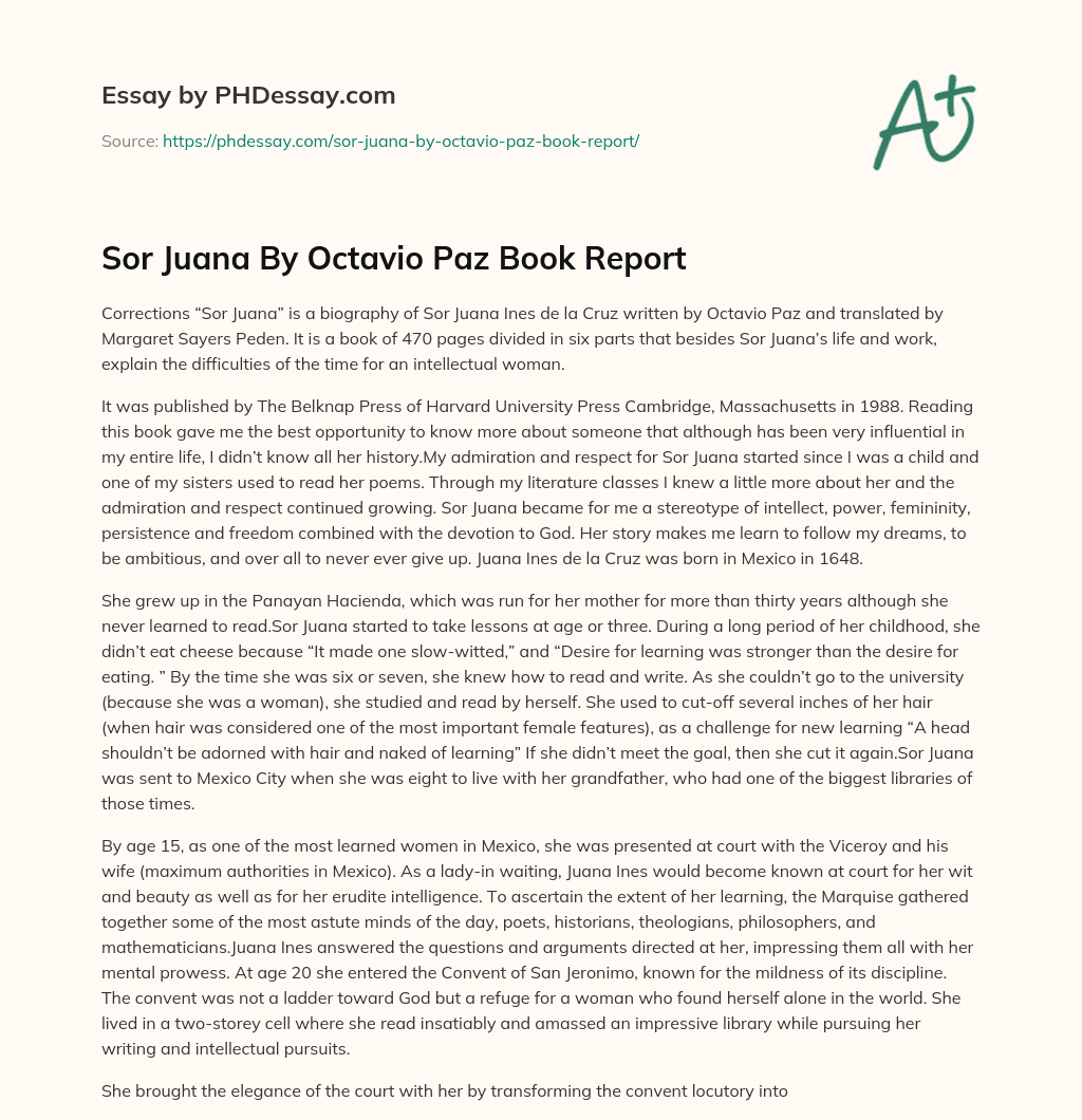 Sor Juana By Octavio Paz Book Report essay