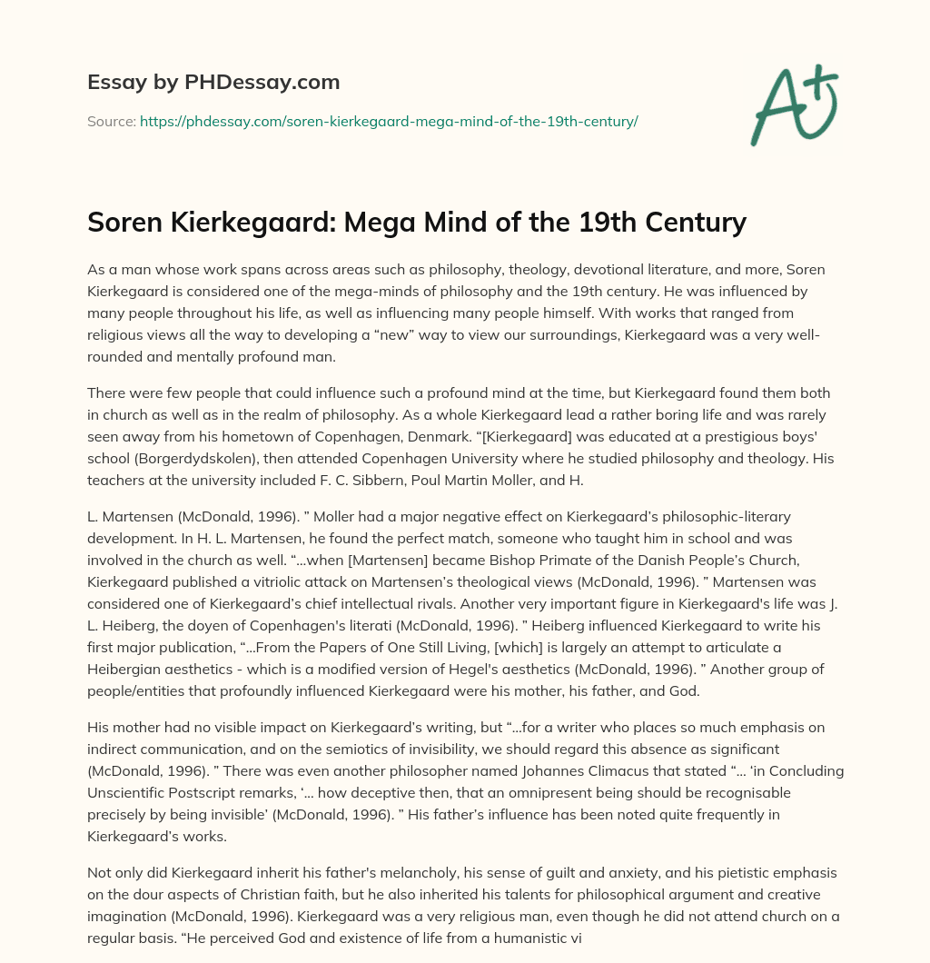 Soren Kierkegaard: Mega Mind of the 19th Century essay