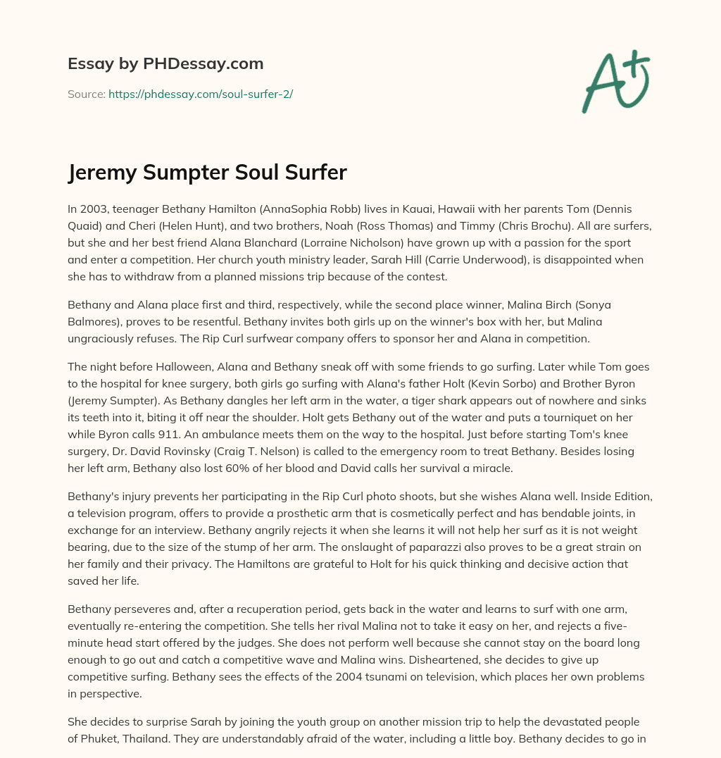 Jeremy Sumpter Soul Surfer essay