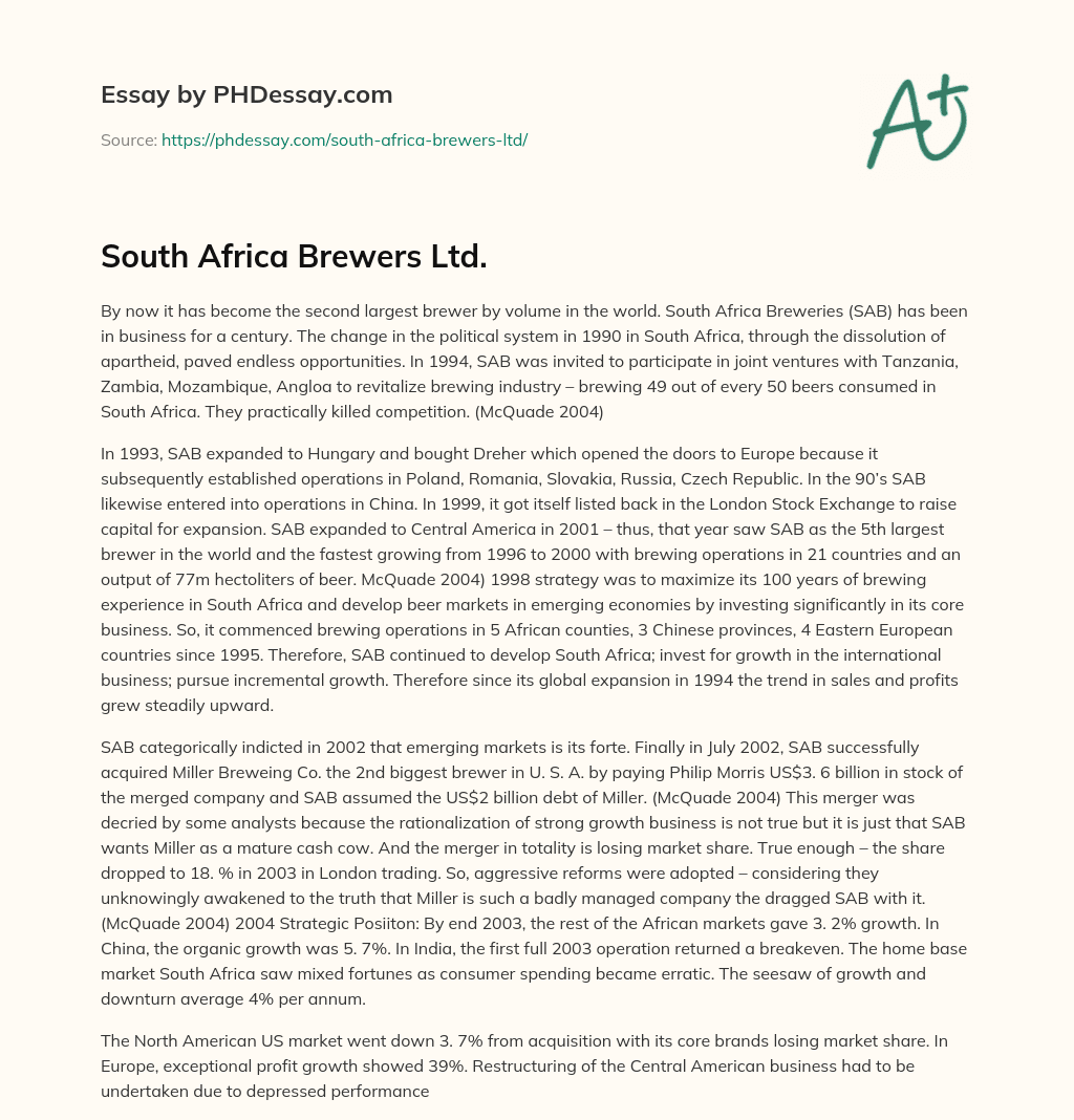 South Africa Brewers Ltd. essay