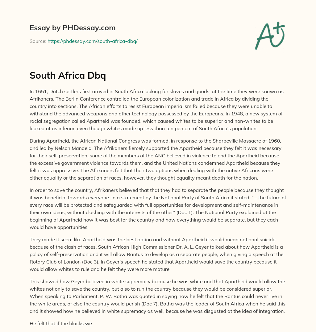 South Africa Dbq essay