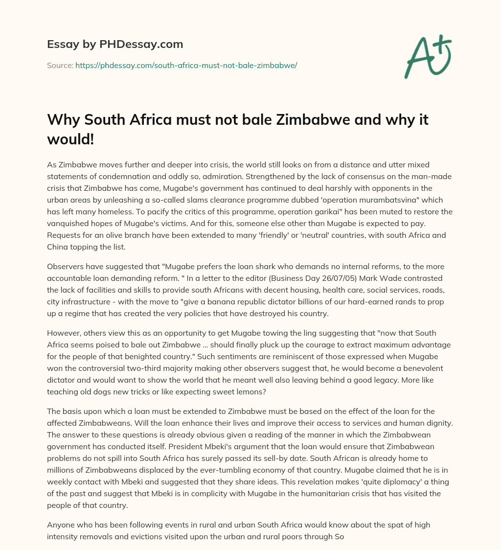 Why South Africa must not bale Zimbabwe and why it would! essay