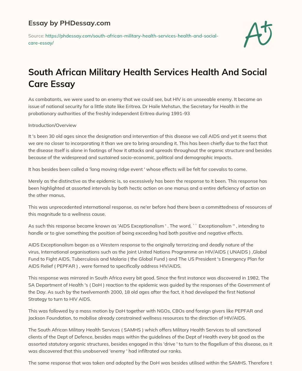 South African Military Health Services Health And Social Care Essay essay