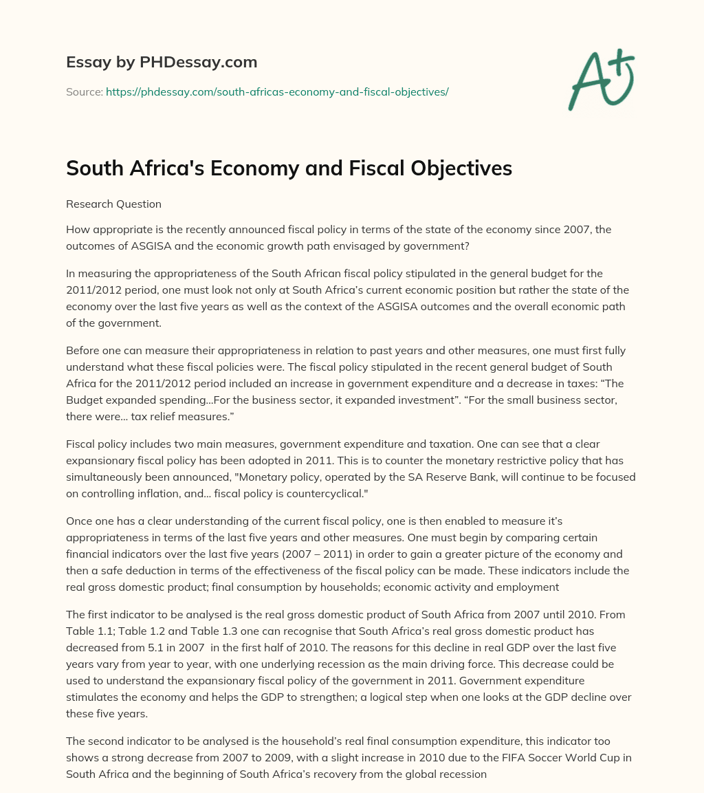 South Africa’s Economy and Fiscal Objectives essay