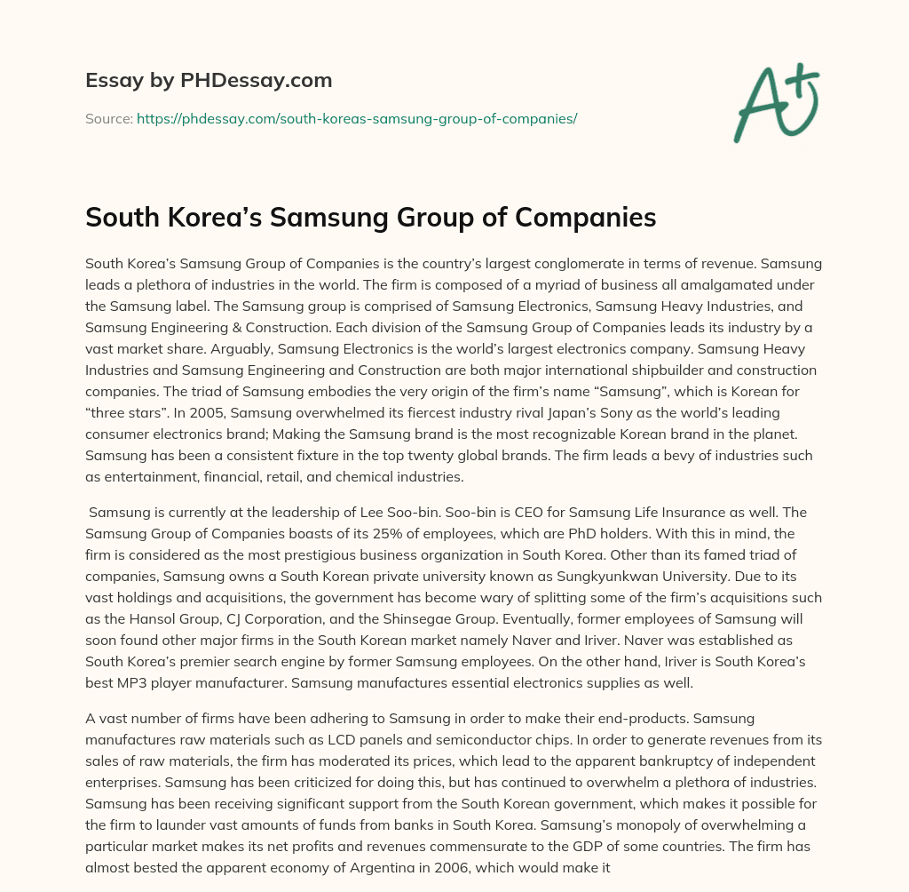 South Korea’s Samsung Group of Companies essay