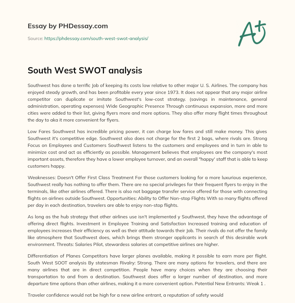 South West SWOT analysis essay