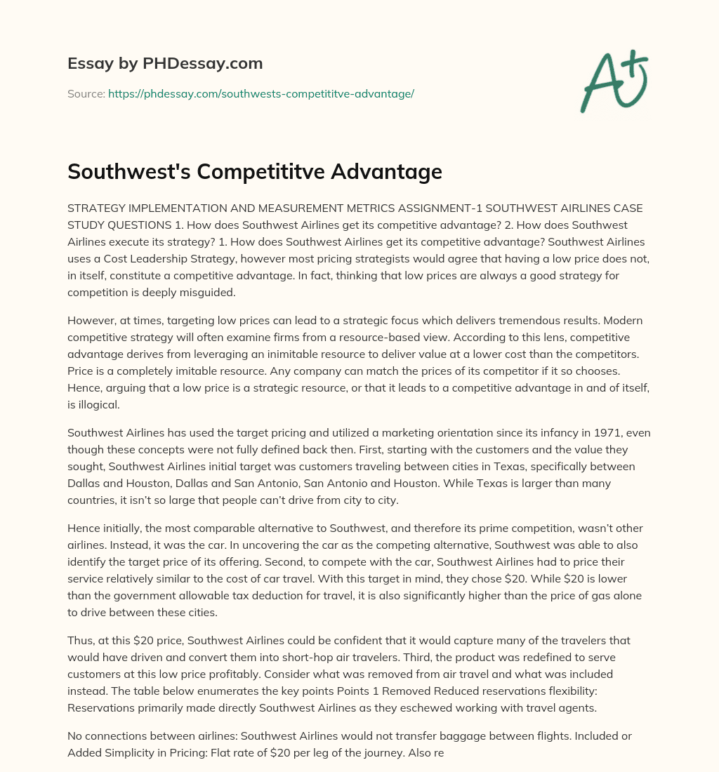 Southwest’s Competititve Advantage essay