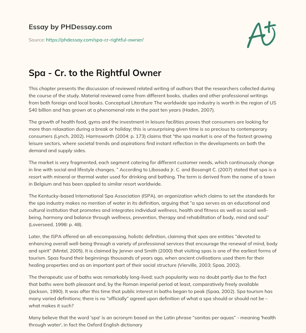 Spa – Cr. to the Rightful Owner essay