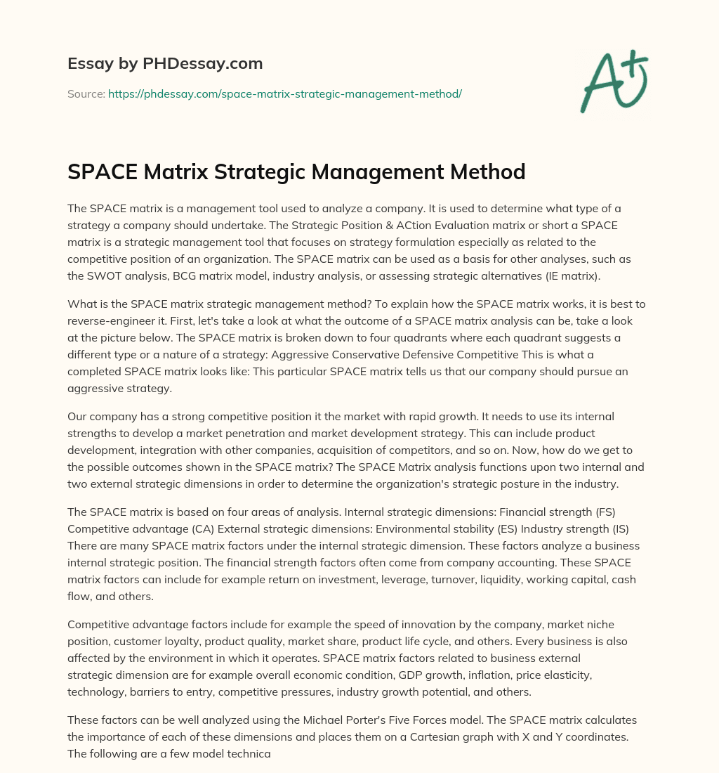 SPACE Matrix Strategic Management Method essay