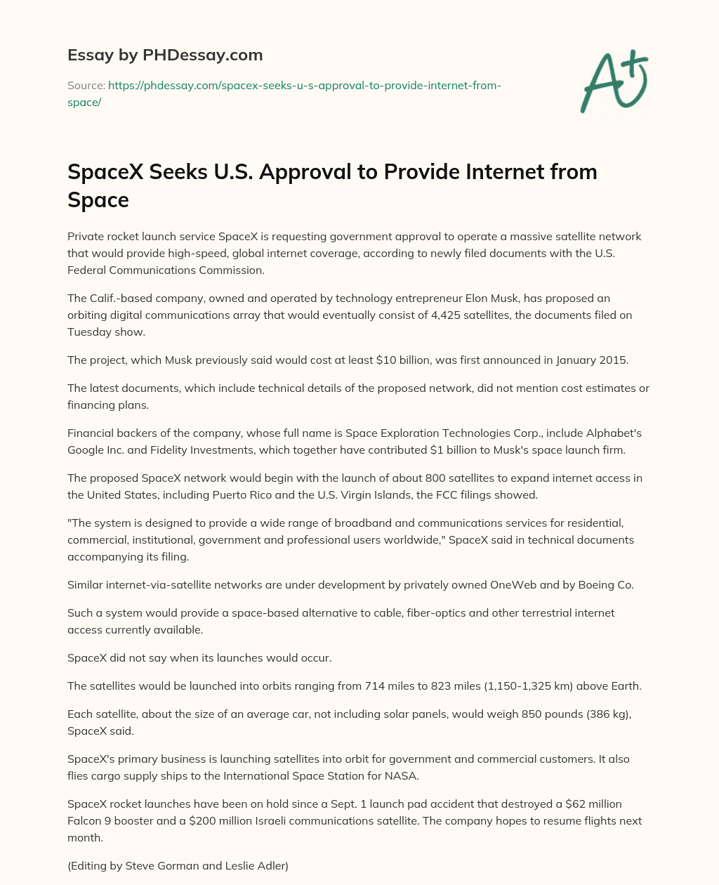 SpaceX Seeks U.S. Approval to Provide Internet from Space essay