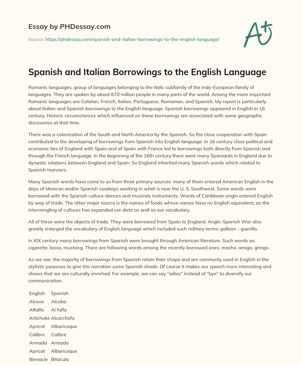 Spanish and Italian Borrowings to the English Language essay