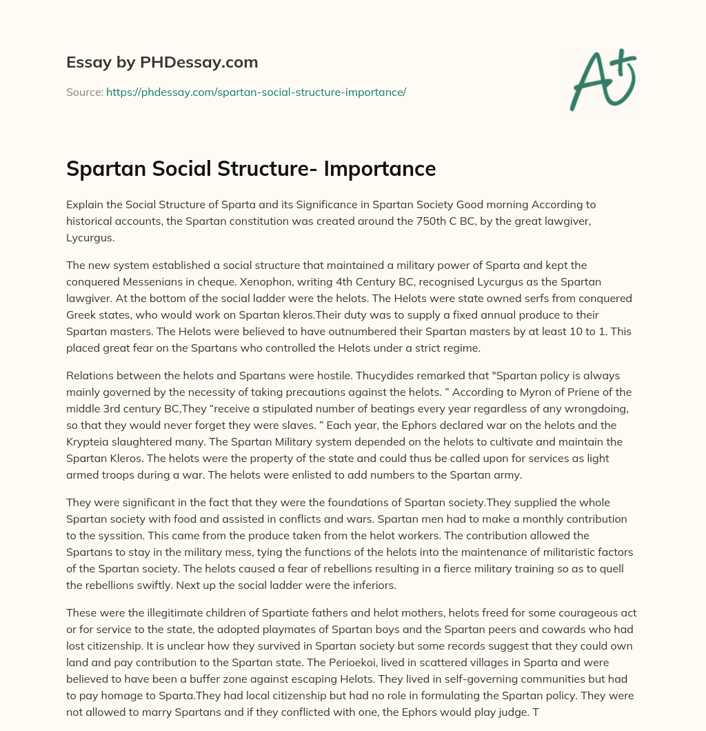 Spartan Social Structure- Importance essay