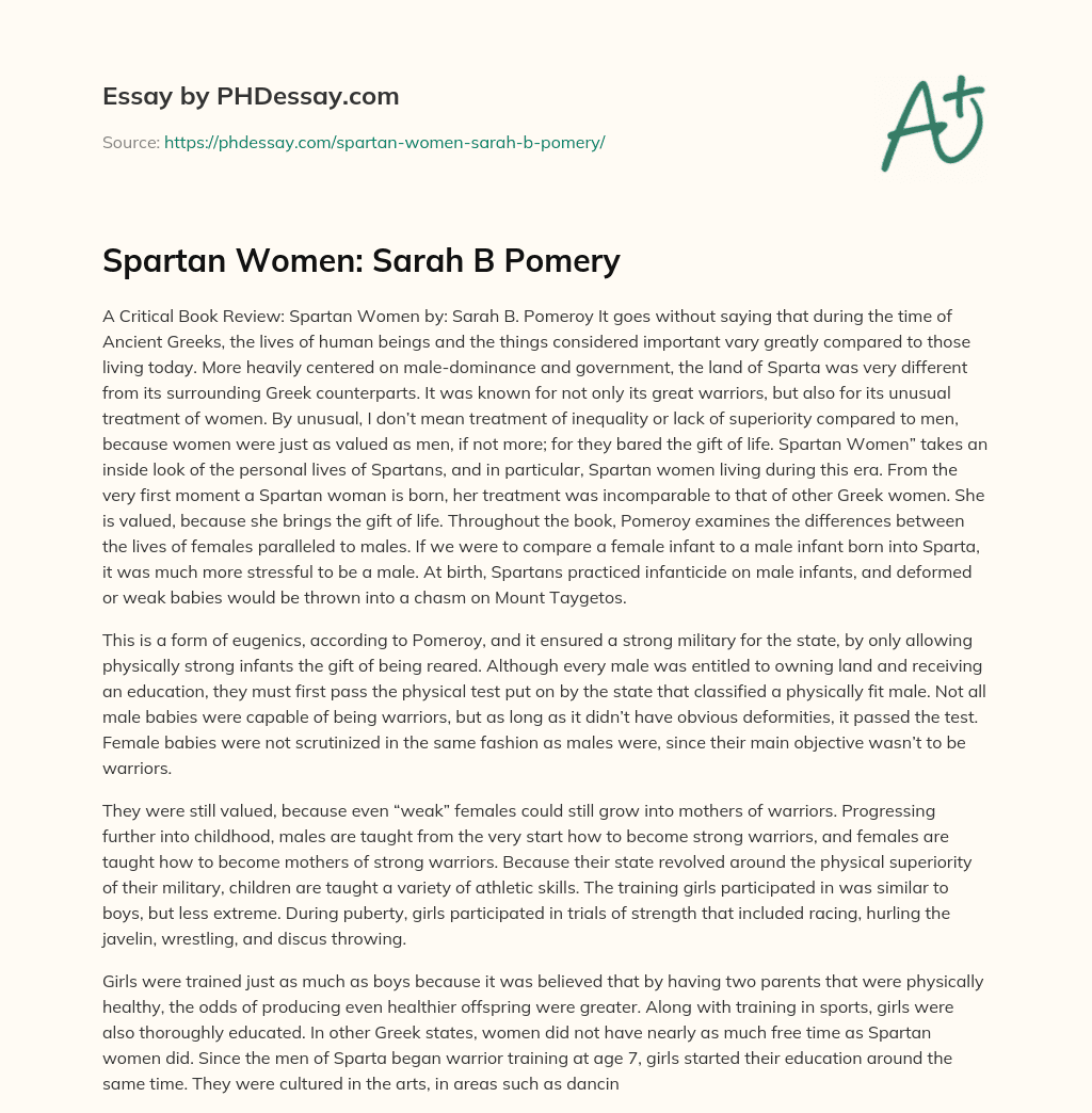 Spartan Women: Sarah B Pomery essay