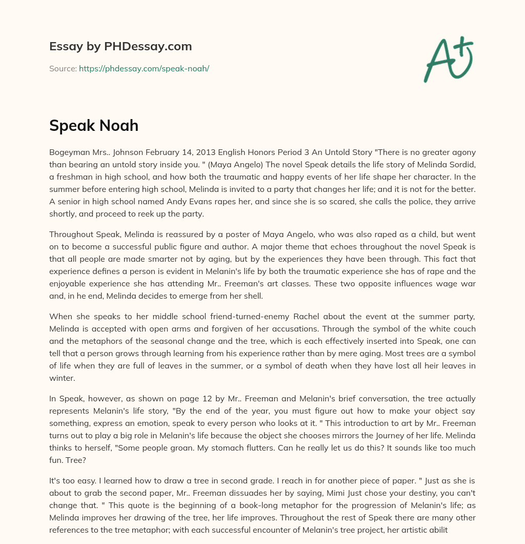 Speak Novel Explores the Impact of Trauma and Experience on Character Development essay
