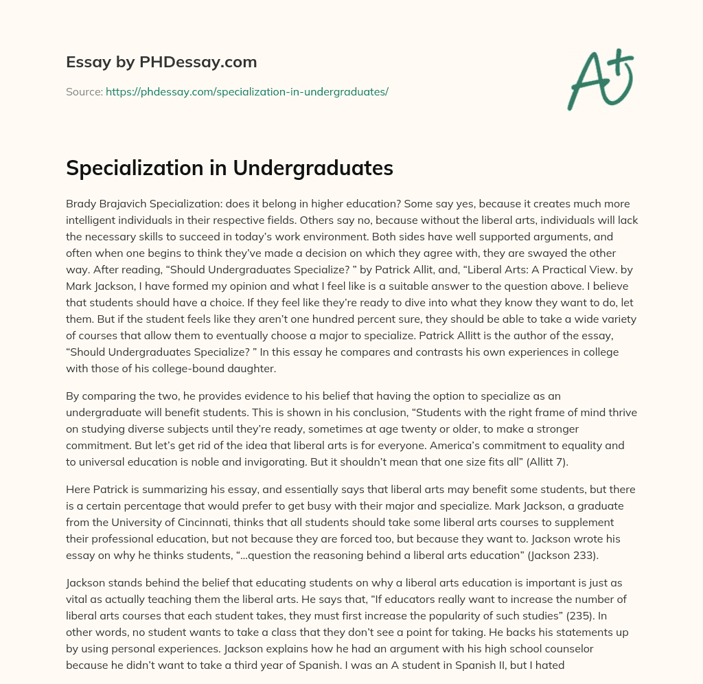 Specialization in Undergraduates essay