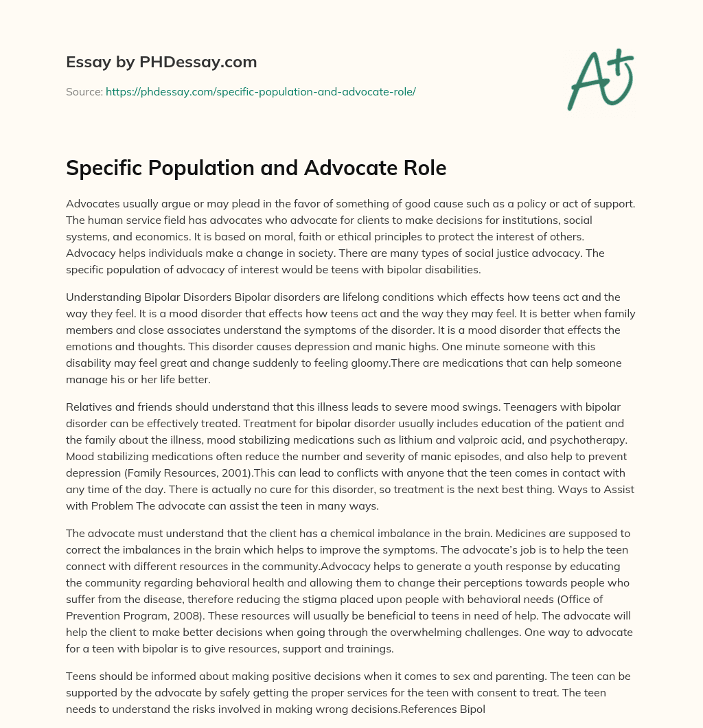 Specific Population and Advocate Role essay