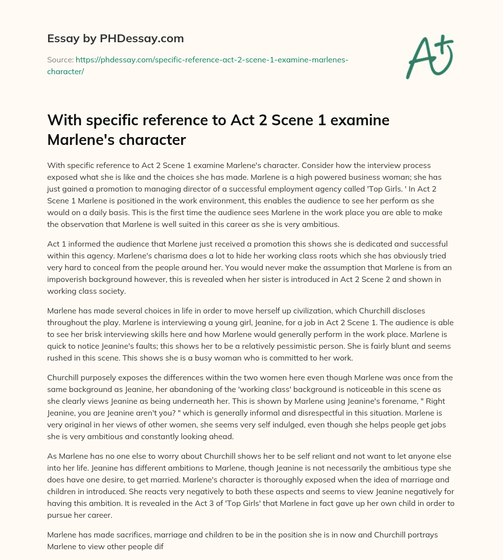 Analyzing Marlene’s Character and Choices in Act 2 Scene 1 essay