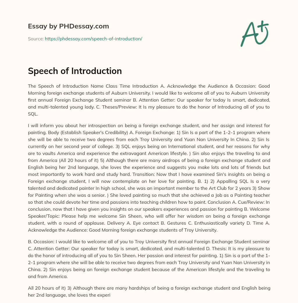 Speech of Introduction essay