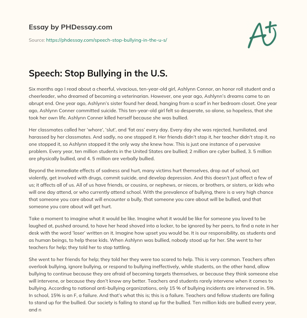 Speech: Stop Bullying in the U.S. essay