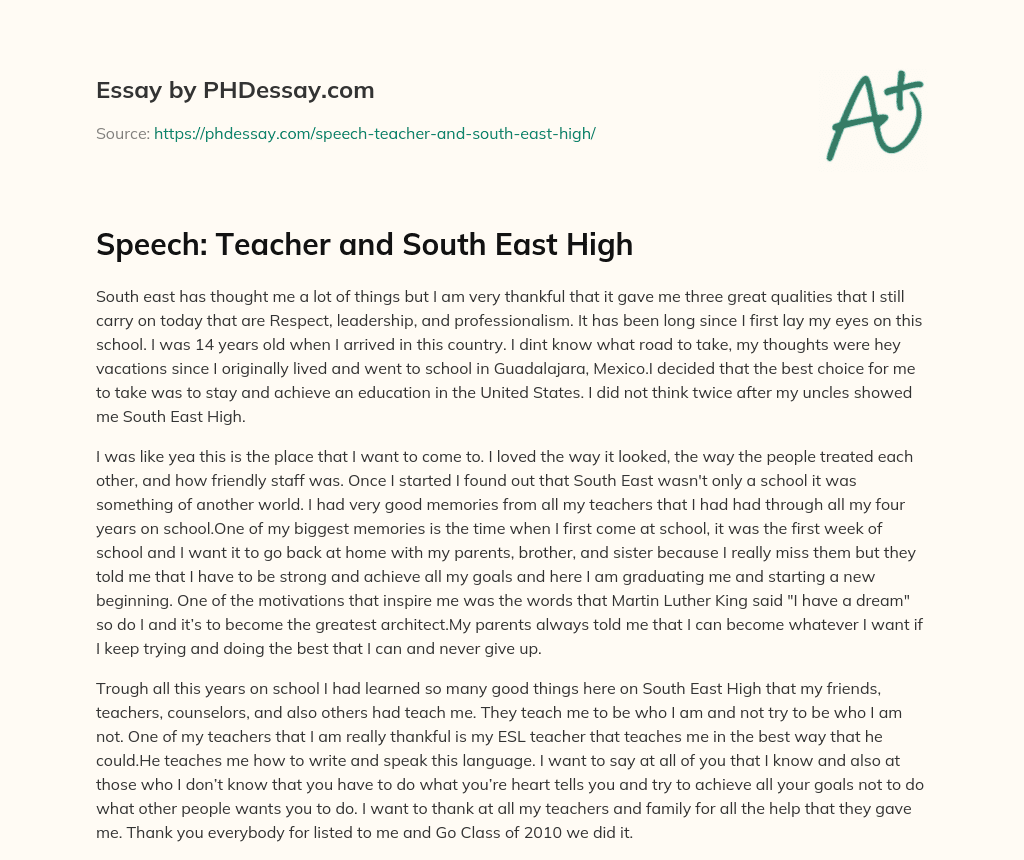 Speech: Teacher and South East High essay