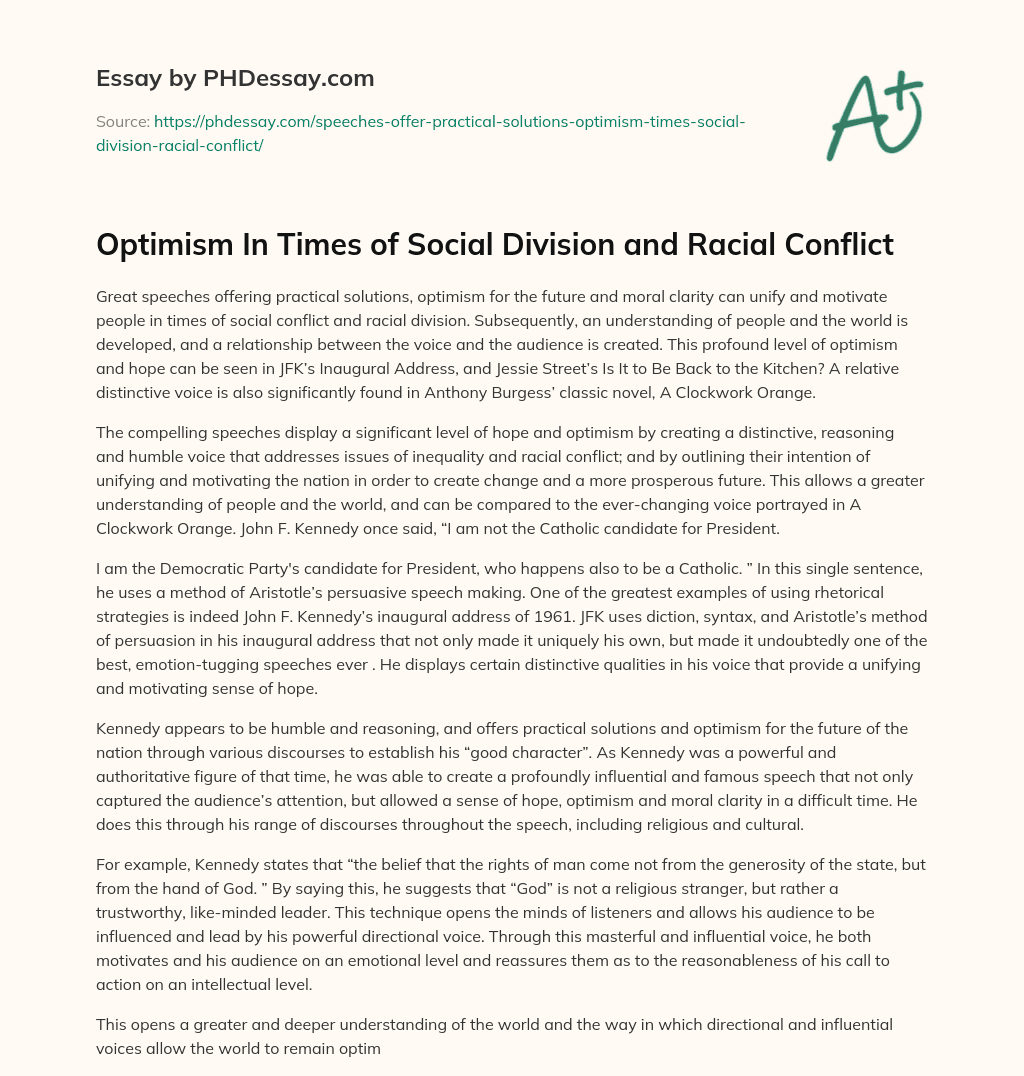 Optimism In Times of Social Division and Racial Conflict essay