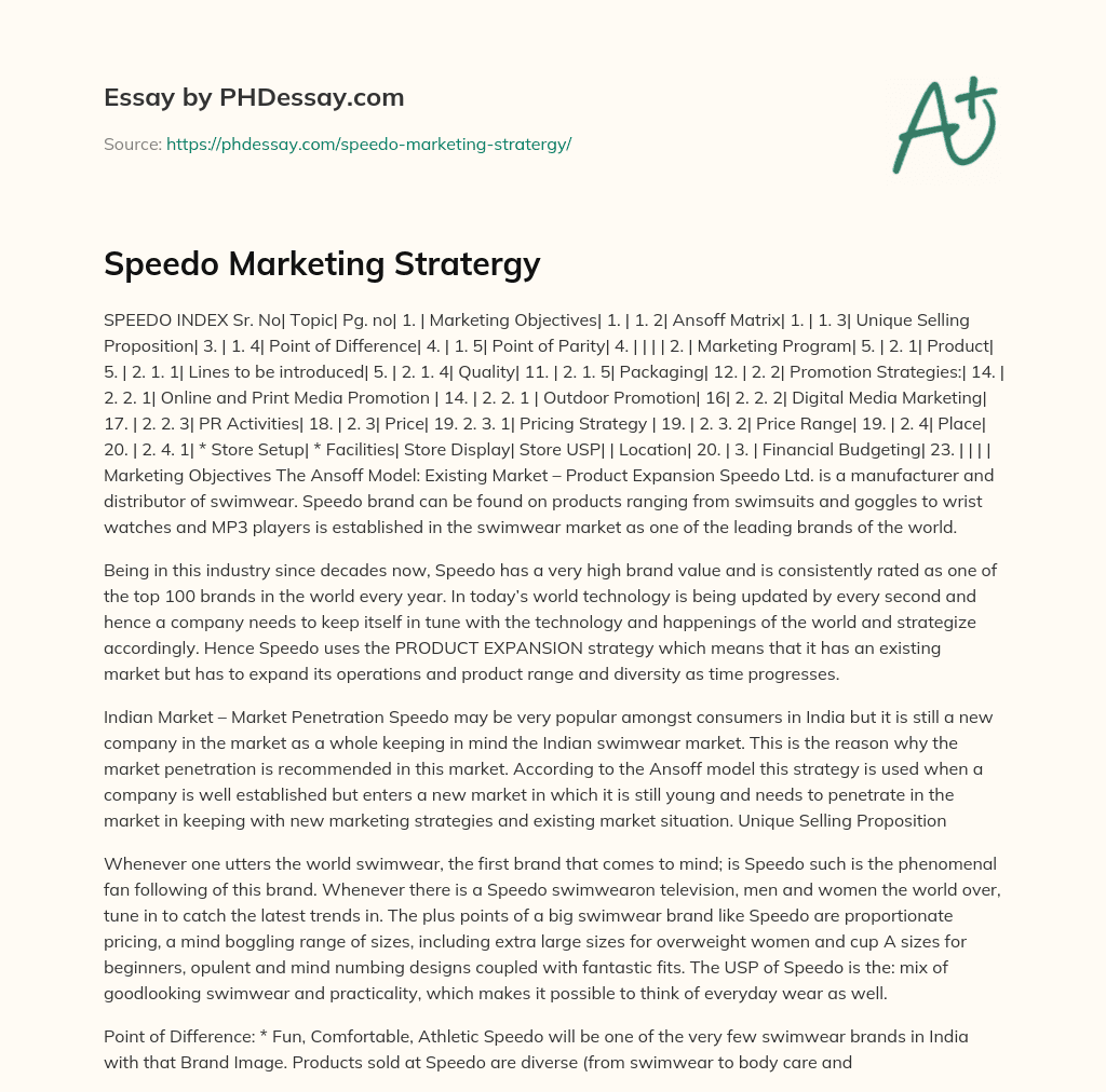 Speedo Marketing Stratergy essay
