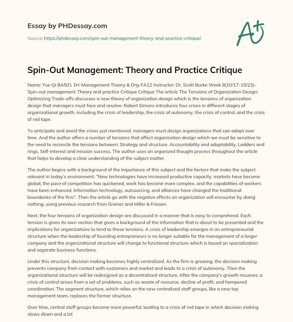 Spin-Out Management: Theory and Practice Critique essay