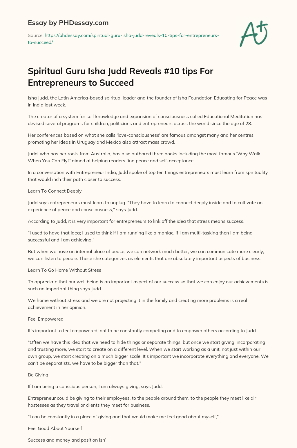 Spiritual Guru Isha Judd Reveals #10 tips For Entrepreneurs to Succeed essay