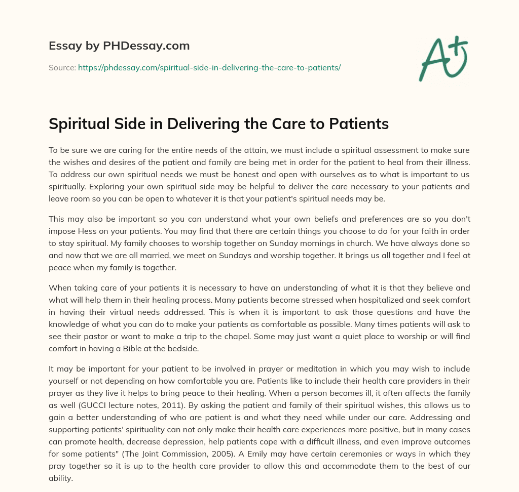 Spiritual Side in Delivering the Care to Patients essay