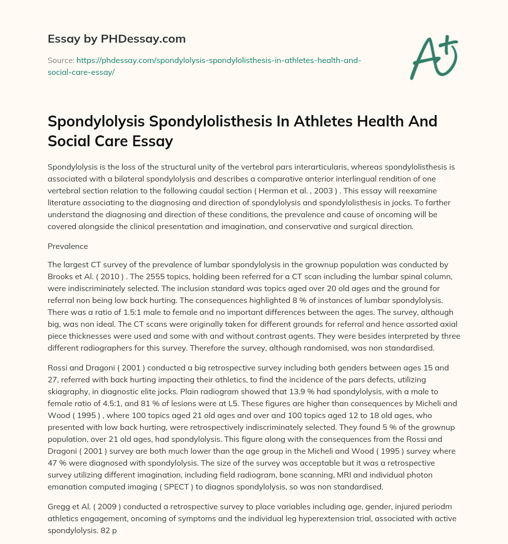 Spondylolysis Spondylolisthesis In Athletes Health And Social Care Essay essay