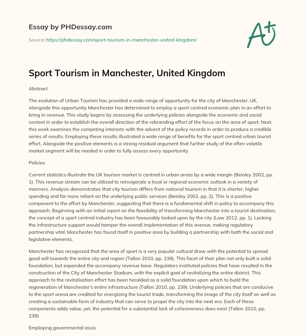 Sport Tourism in Manchester, United Kingdom essay
