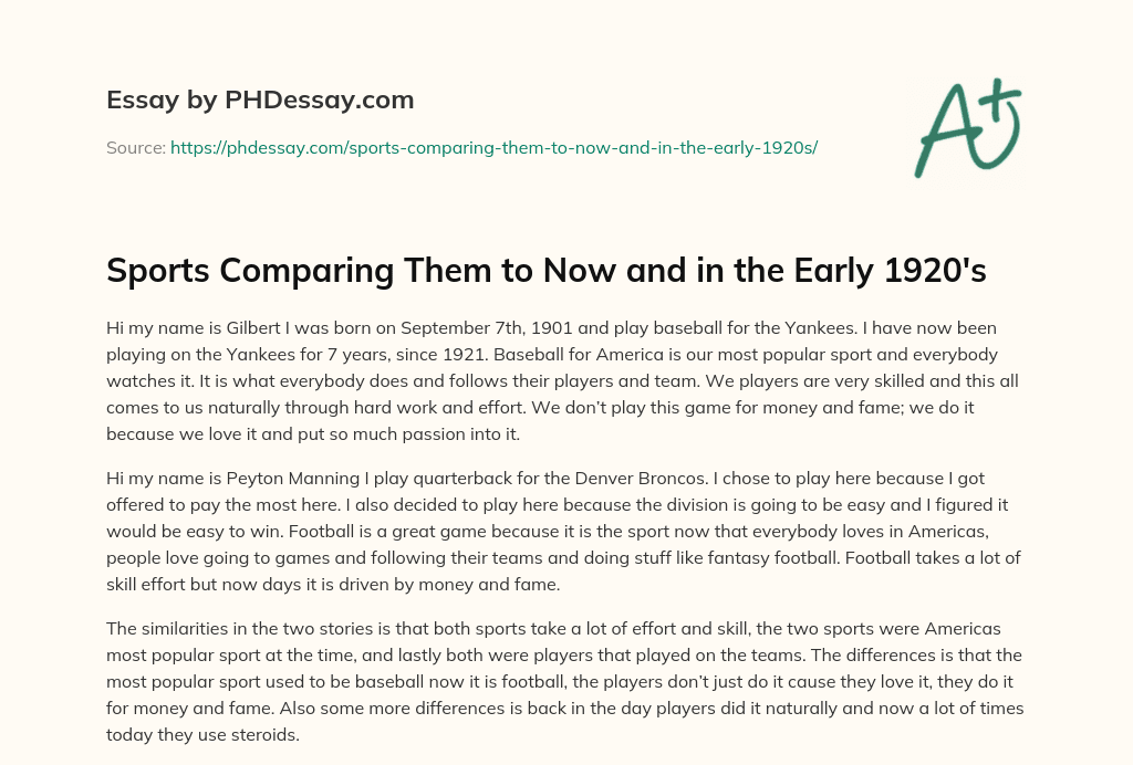 Sports Comparing Them to Now and in the Early 1920’s essay