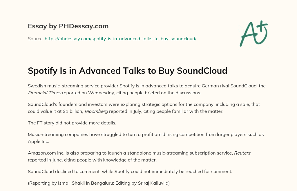 Spotify Is in Advanced Talks to Buy SoundCloud essay