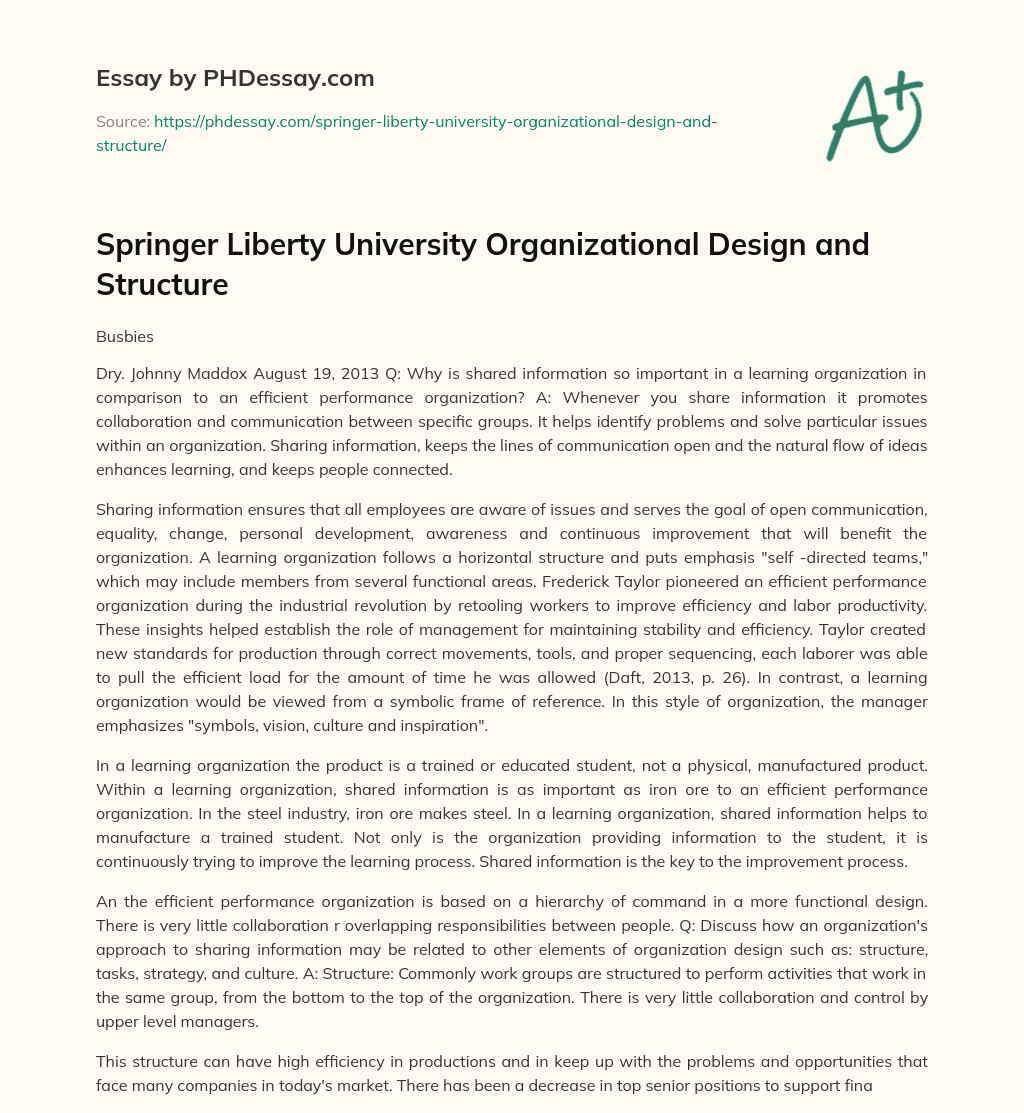 Springer Liberty University Organizational Design and Structure essay