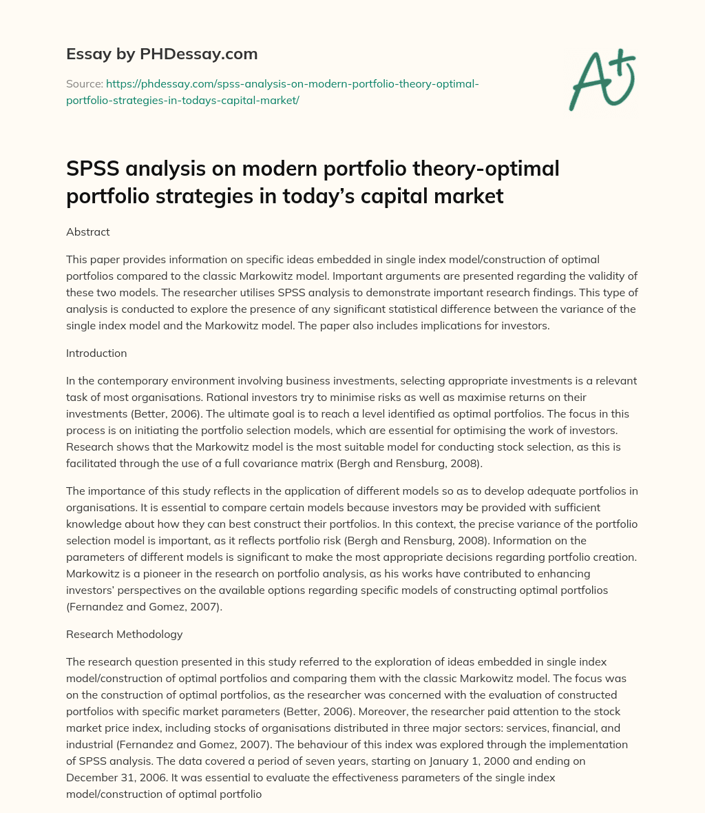 Comparing Single Index Model and Markowitz Model for Optimal Portfolios essay