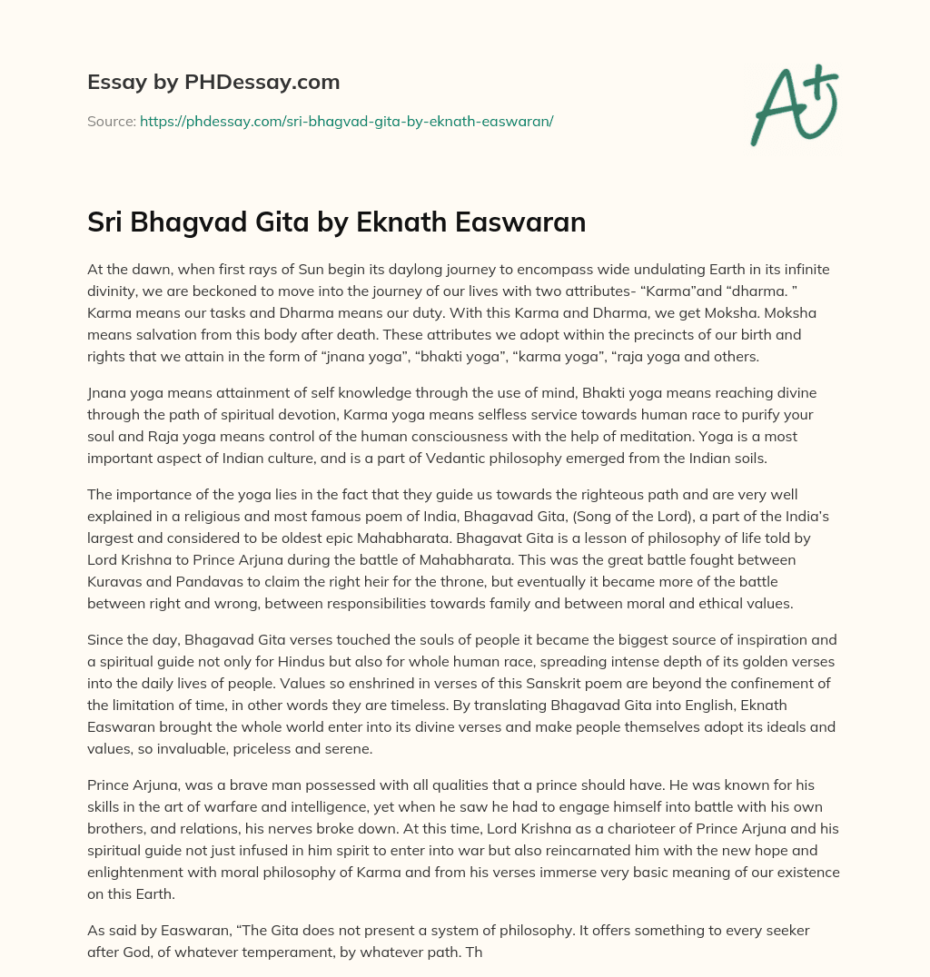 Sri Bhagvad Gita by Eknath Easwaran essay