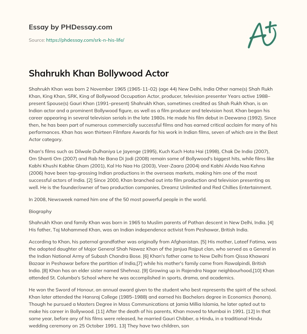 Shahrukh Khan Bollywood Actor essay