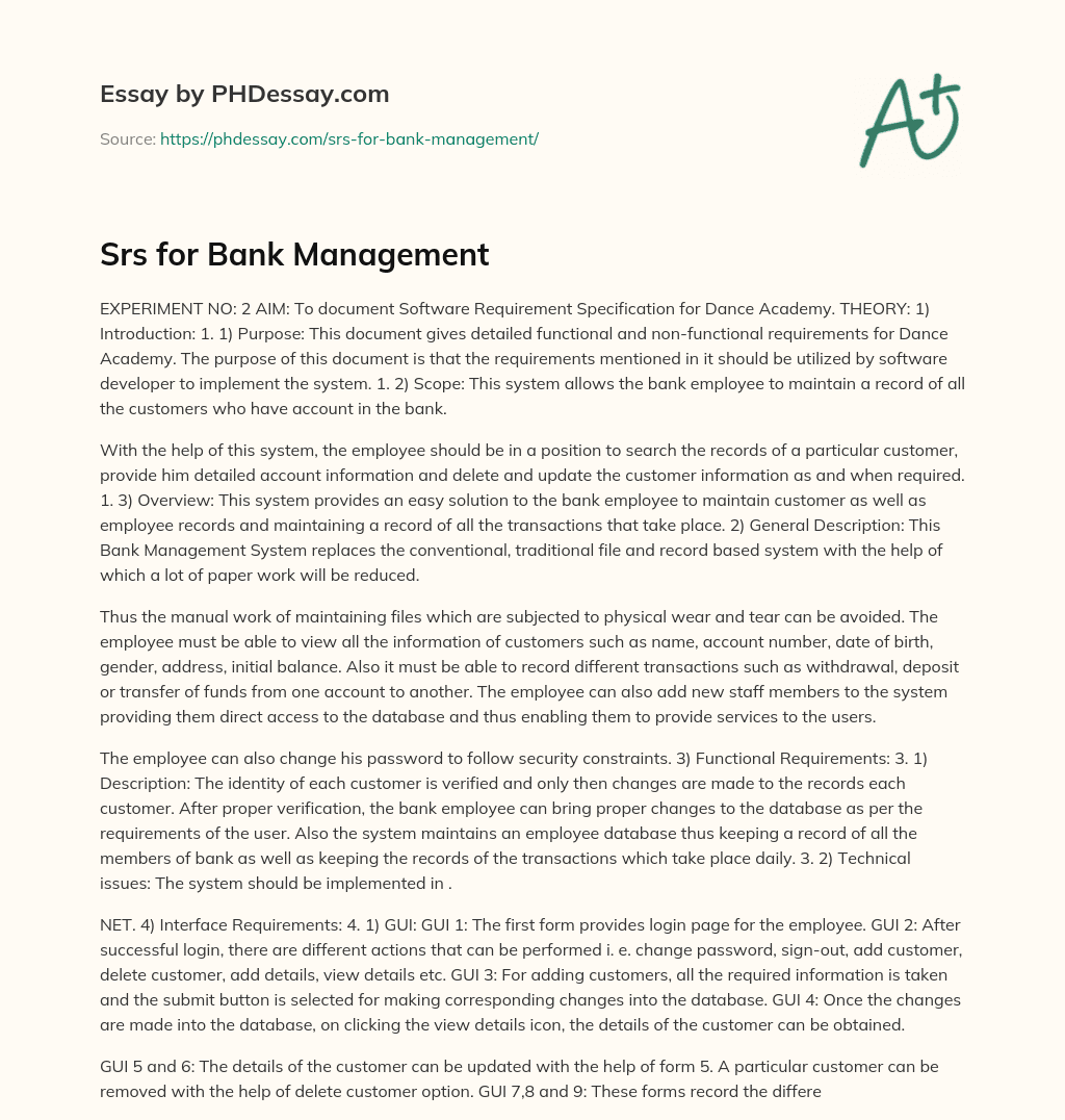 Srs for Bank Management essay