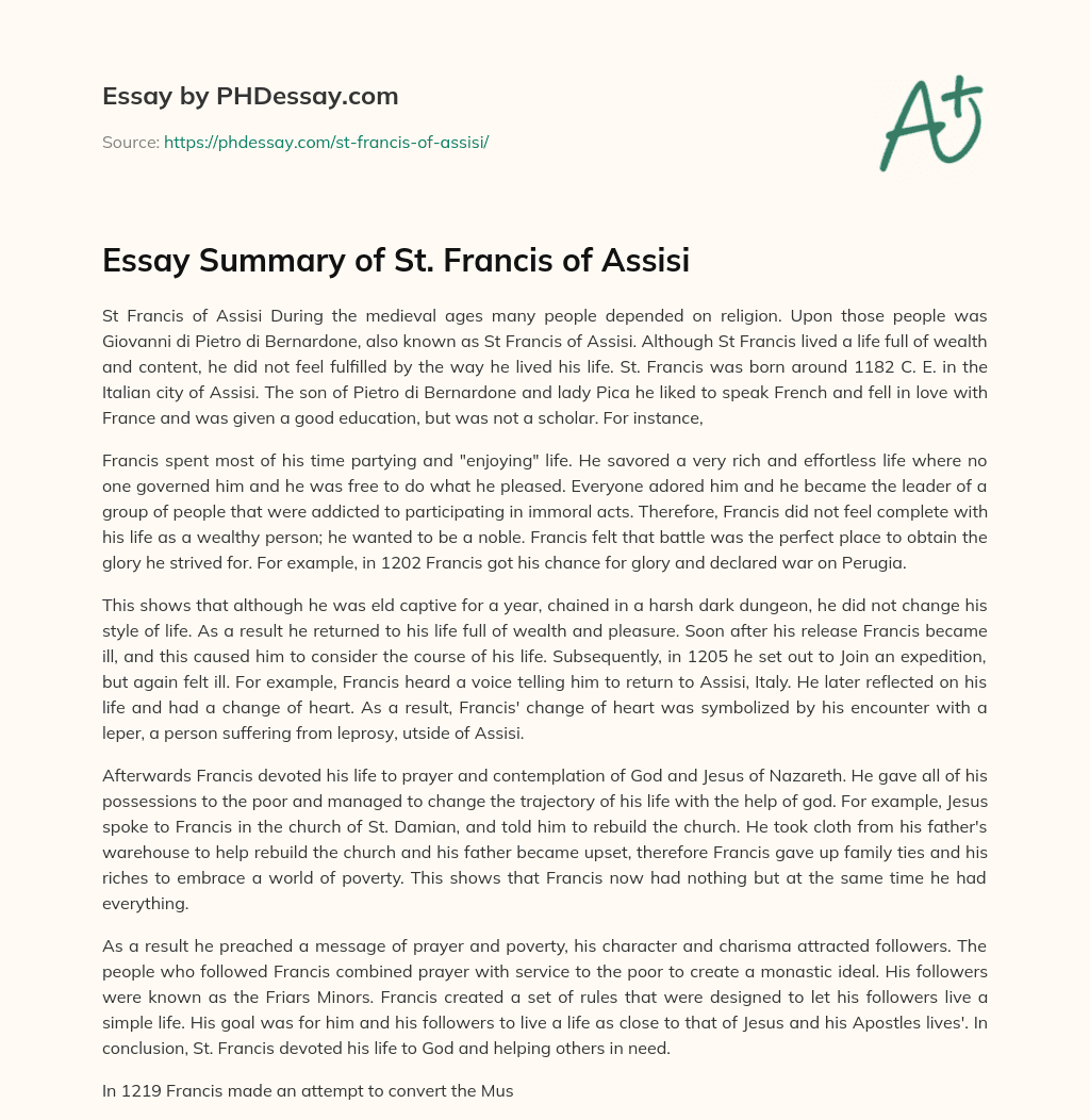 Essay Summary of St. Francis of Assisi essay