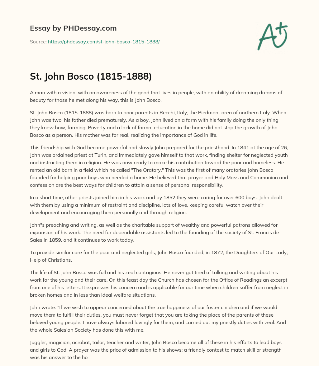 St. John Bosco (1815-1888) essay