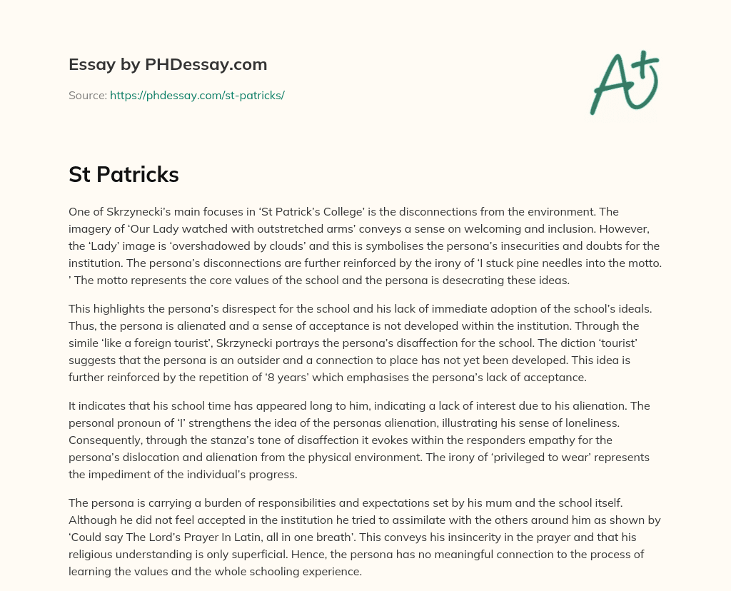 Alienation and Disconnection in Skrzynecki’s ‘St Patrick’s College’ essay