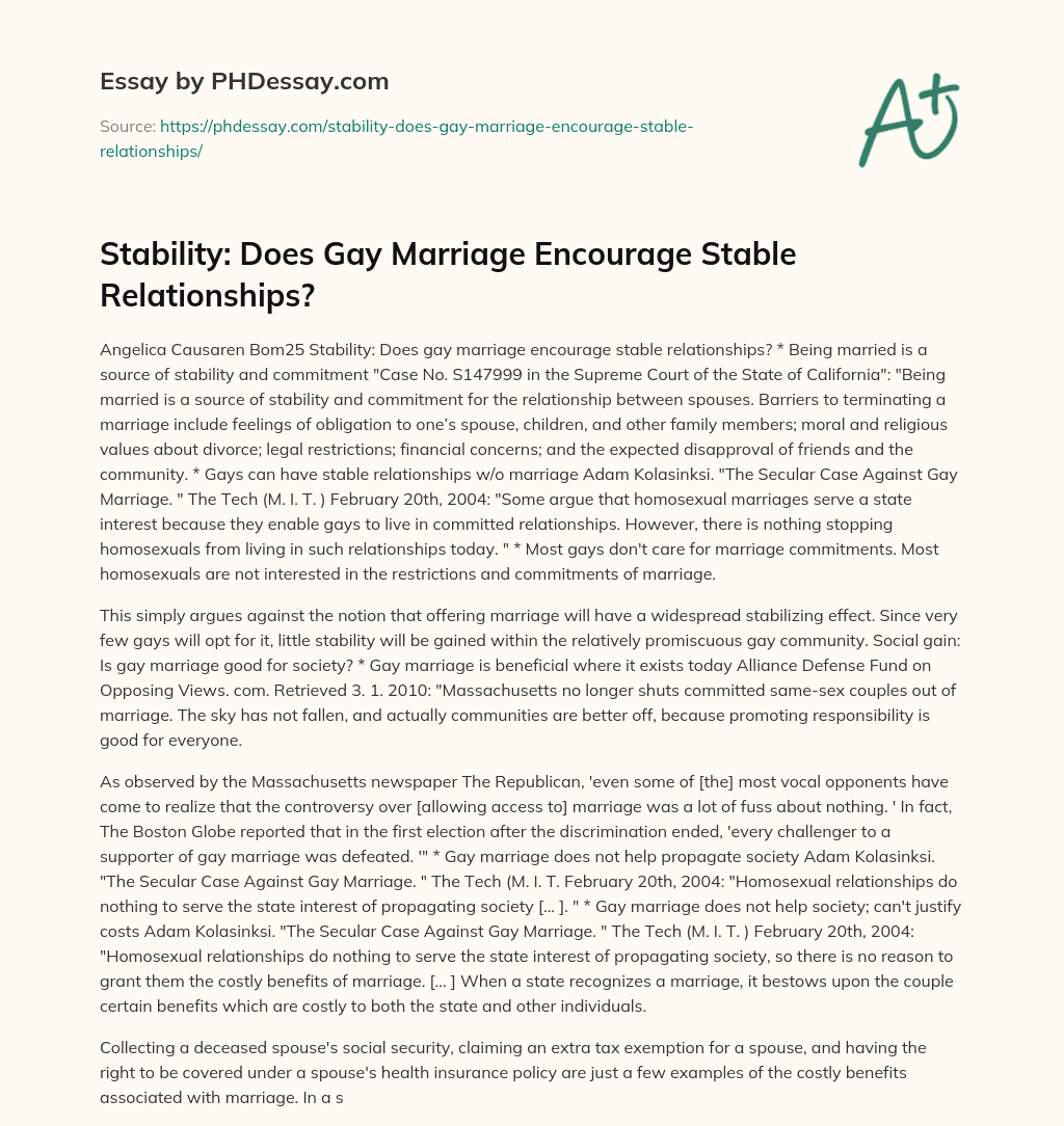 Stability: Does Gay Marriage Encourage Stable Relationships? essay