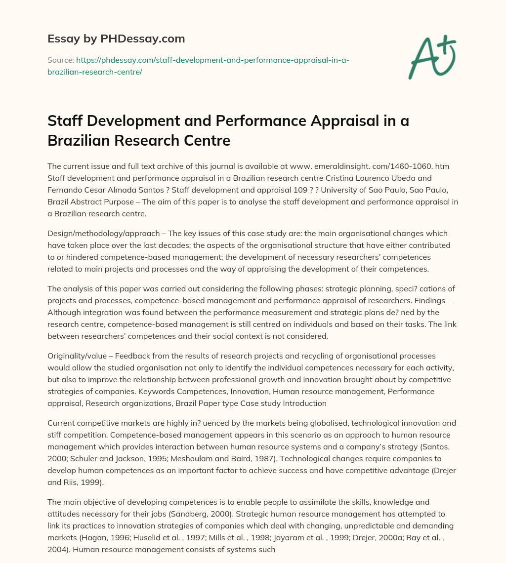 Staff Development and Performance Appraisal in a Brazilian Research Centre essay