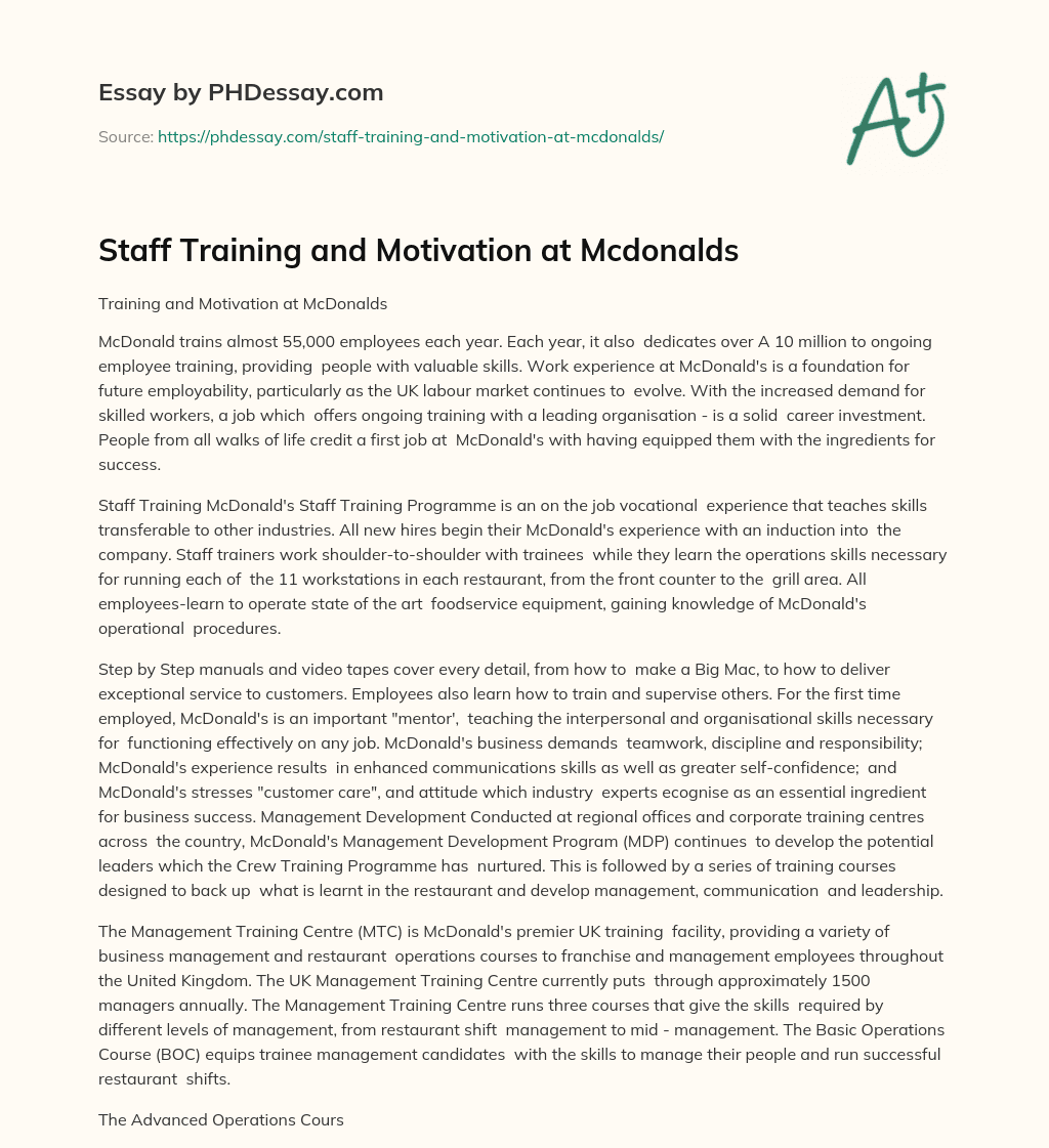 Staff Training and Motivation at Mcdonalds essay
