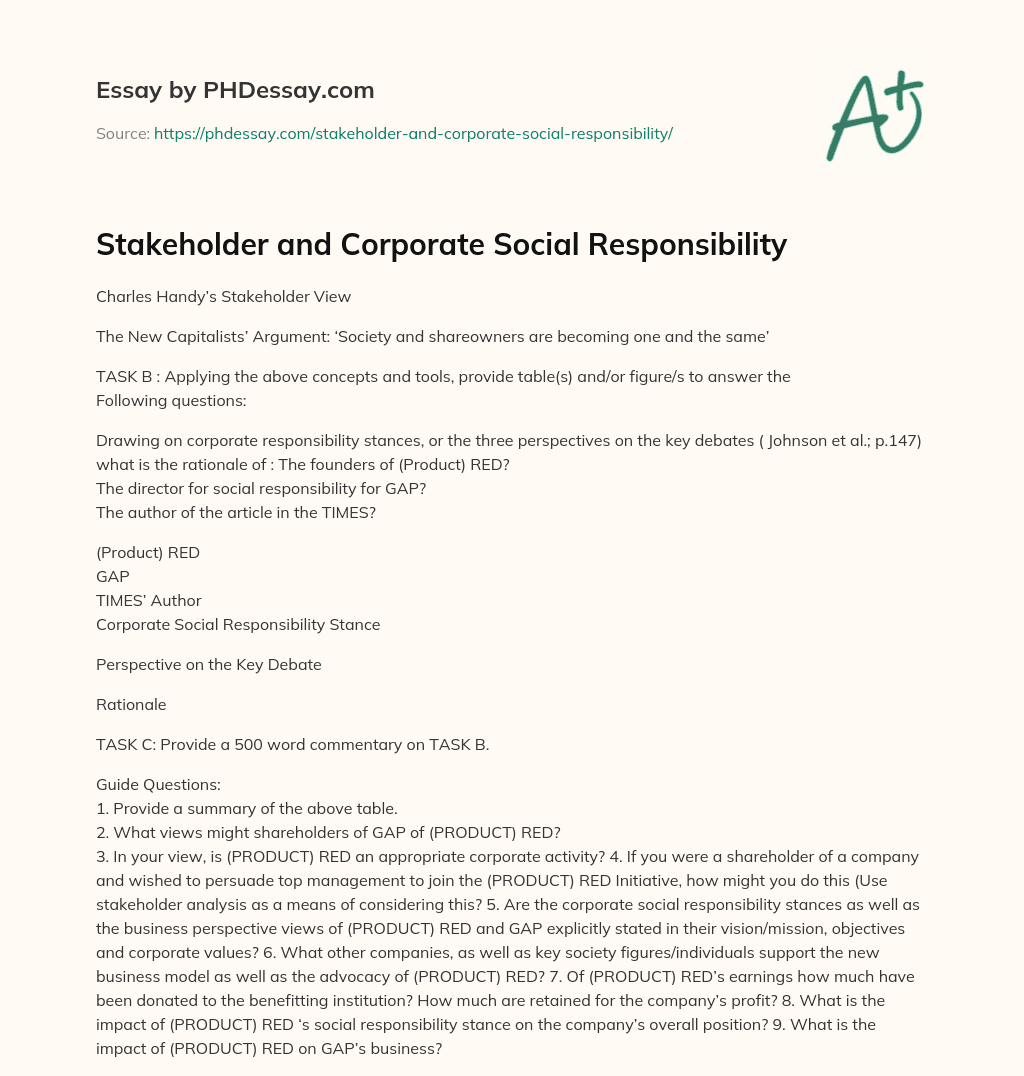 Stakeholder and Corporate Social Responsibility essay